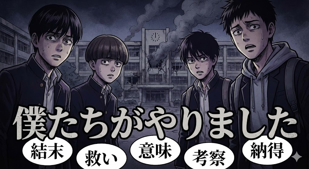 漫画『僕たちがやりました』の結末や救いの意味を考察し納得するためのアイキャッチ画像。爆発する校舎を前に絶望するトビオたちのイラスト。