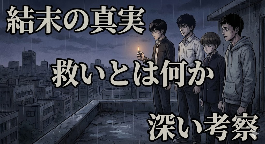 漫画『僕たちがやりました』の結末にある「救い」の意味を深く考察するための解説画像。暗い屋上で街を見下ろしながら佇むトビオたち4人の姿です。