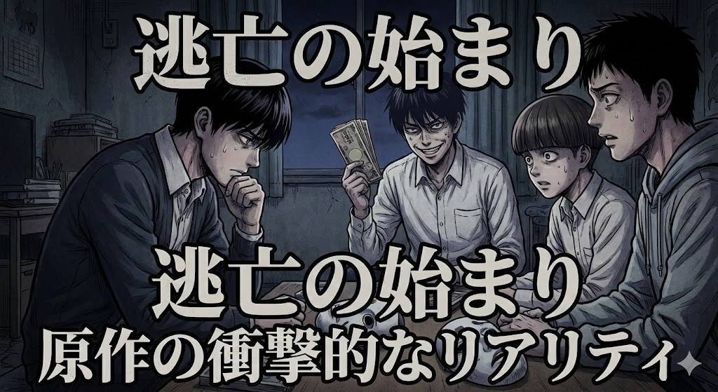 漫画『僕たちがやりました』の結末や意味を考察する解説画像。爆破事件の現場となった校舎と、追い詰められた少年たちのリアルな表情を描いています。