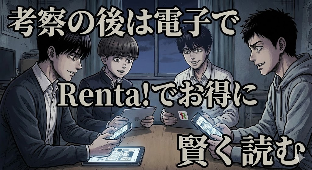 漫画『僕たちがやりました』の結末や救いを考察した後、Renta!でお得にレンタルして読むための案内画像。物語の重厚な世界観を表現したイラスト。