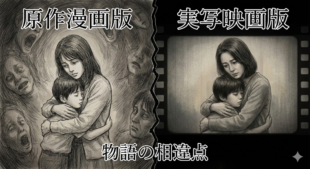 漫画『血の轍』原作と実写映画の比較イラスト。静子が静一を抱く同じ構図で、左の狂気的な漫画表現と右の静謐な実写フィルム表現を対比させ、物語の相違点を示した画像。