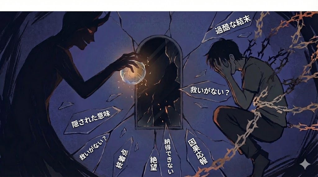 漫画『代償』の過酷な結末を象徴する画像。影に怯える少年と不気味なシルエットが、物語の救いや意味を深く考察するセクションにふさわしい緊張感を表現しています。