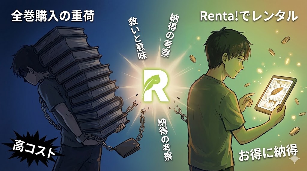 漫画『代償』全巻購入の重荷と、Renta!レンタルの手軽さを比較したイラスト。賢く節約して救いと意味の考察をお得に楽しむ、経済的に賢い選択を表現しています。