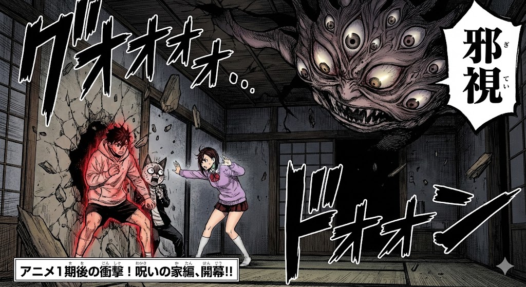 『ダンダダン』アニメ続きの「呪いの家編」を描いたイラスト。巨大な怪異「邪視」と対峙するモモやオカルンの緊迫した場面を再現した漫画風画像。