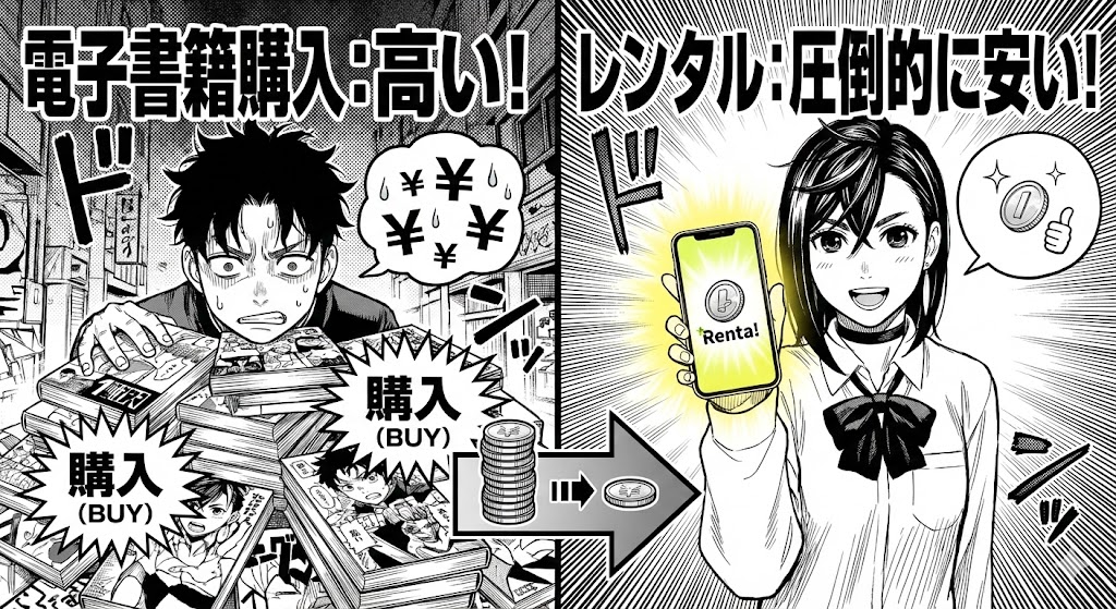 『ダンダダン』風の比較イラスト。高額な購入に悩むオカルンと、安くレンタルできることを勧めるモモを描いた、電子書籍の価格比較画像。