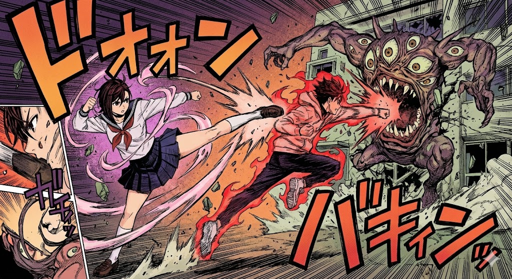 『ダンダダン』のモモとオカルンが不気味な怪異と激闘を繰り広げる、迫力満点の漫画風イラスト。圧倒的な描き込みと躍動感を再現した代表的シーン。