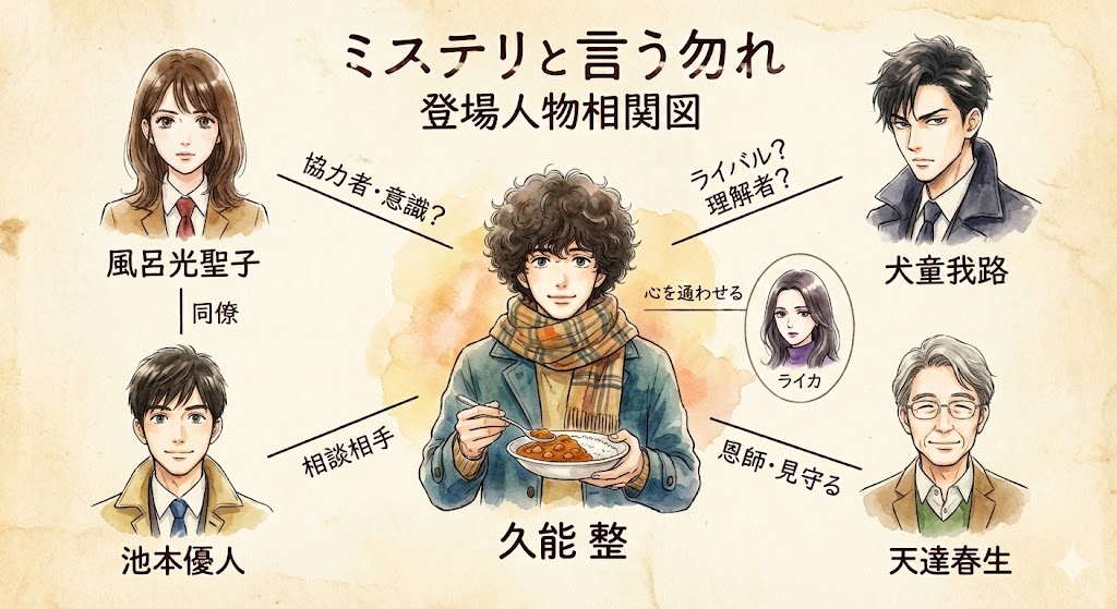 『ミステリと言う勿れ』の主要キャラクター相関図。久能整を中心に、犬童我路や風呂光聖子らとの複雑な人間関係を水彩タッチでまとめた図解。