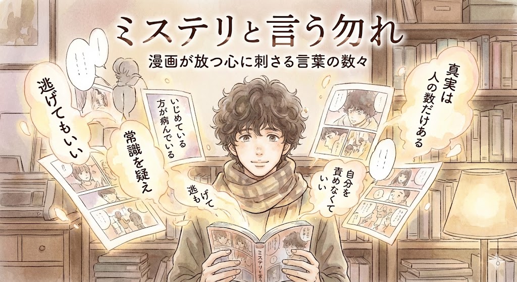 漫画『ミステリと言う勿れ』から溢れ出す心に刺さる言葉。久能整が放つ名言が読者を救いへと導く様子をイメージした、幻想的で温かい水彩画。