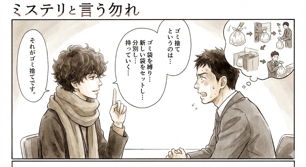 ミステリと言う勿れのマンガイラスト。久能整が池本刑事に「ゴミ捨て」の定義を説く名シーン。一連の工程が図解されている。
