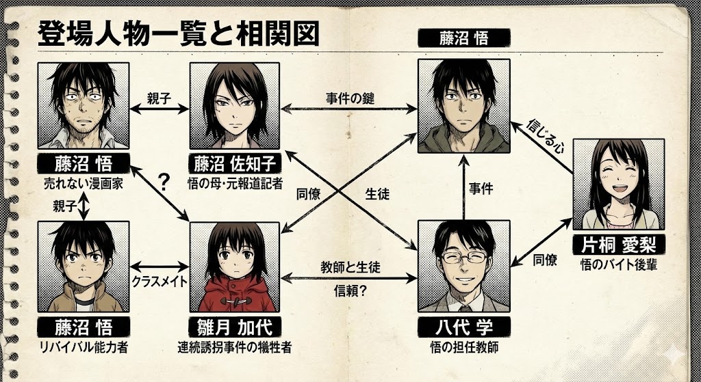 漫画「僕だけがいない街」の登場人物と複雑な人間関係を整理した相関図のイメージ画像。悟や雛月、佐知子など主要キャラの繋がりを描いています。