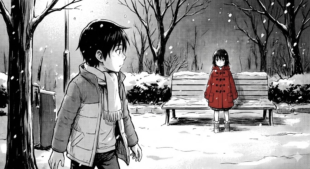 漫画「僕だけがいない街」の主人公・悟が、雪の公園で一人たたずむ加代を見つける象徴的なシーンを描いたアイキャッチ画像。