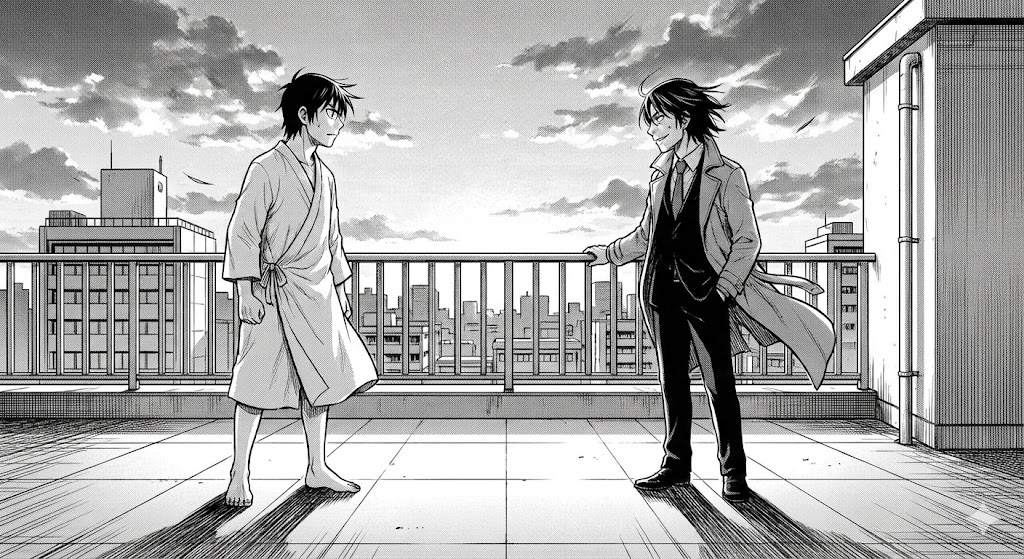 漫画『僕だけがいない街』の終盤、病院の屋上で主人公の藤沼悟と真犯人の八代学が対峙する緊迫したシーンを描いたイラスト。