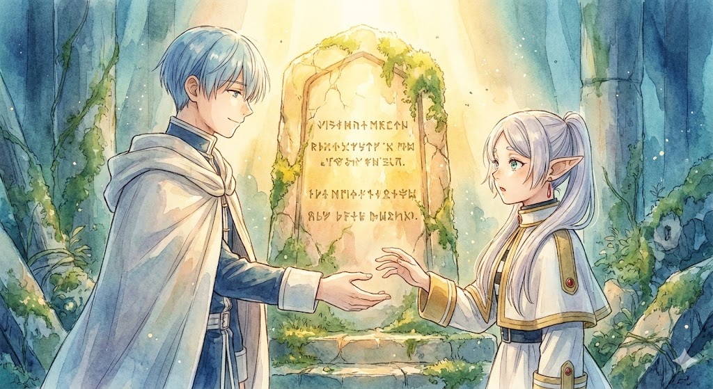 『葬送のフリーレン』女神の石碑編の代表的シーン。フリーレンとヒンメルが時を超えて再会する、切なくも温かい「救い」を描いた水彩画。