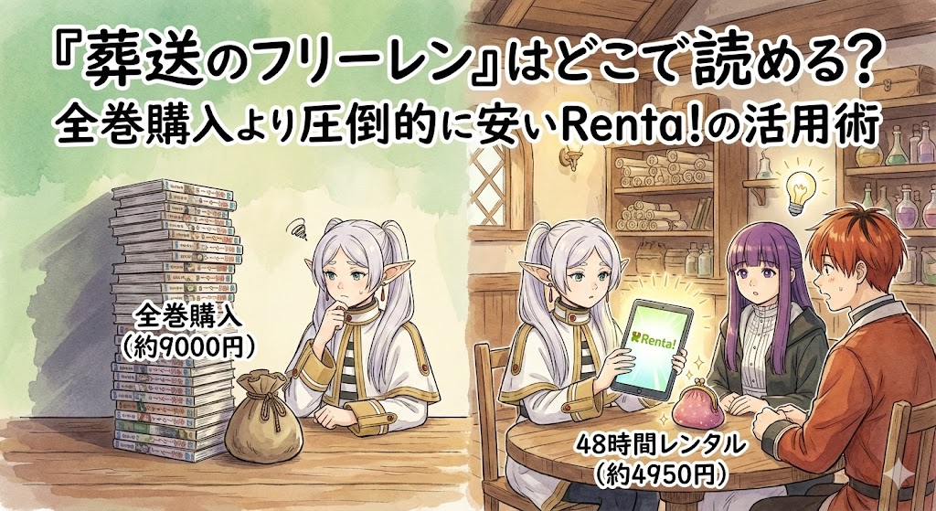 全巻購入の高さに悩むフリーレンと、Renta!のレンタルでお得に読む方法を提案する様子の比較イラスト。賢く安く読むための解説画像。