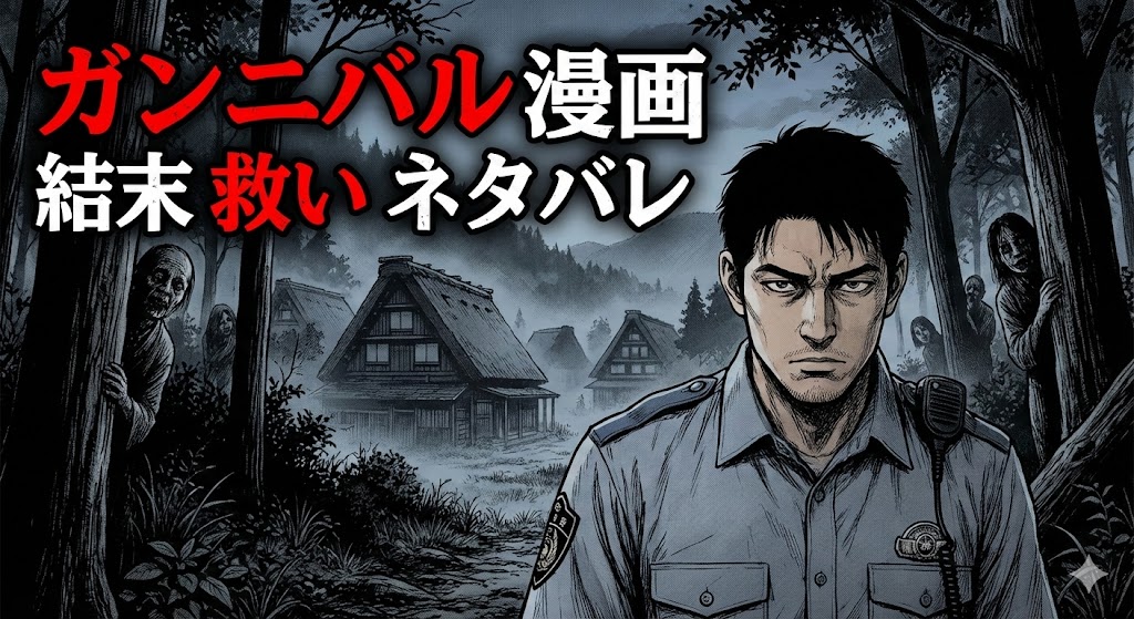 漫画『ガンニバル』の結末と救いを考察するネタバレ記事のアイキャッチ。駐在官と不気味な供花村、影に潜む村人が描かれた緊迫感のあるイラスト。