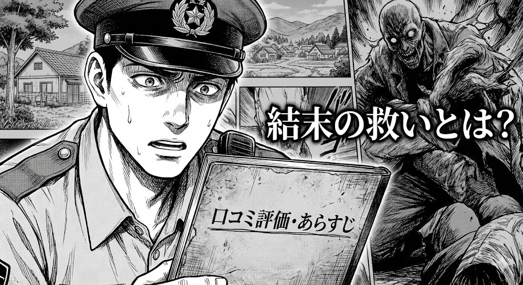 漫画ガンニバルのあらすじと口コミ評価を象徴する、不気味な供花村と駐在官のイラスト。閉鎖的な村社会の狂気と緊張感が伝わる描写。