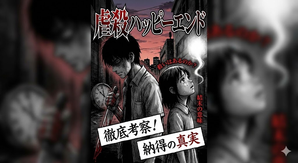 漫画虐殺ハッピーエンドの結末の意味や救いを考察する画像。兄妹のイラストに徹底考察と納得の真実の文字が入り、物語の核心を表現しています。