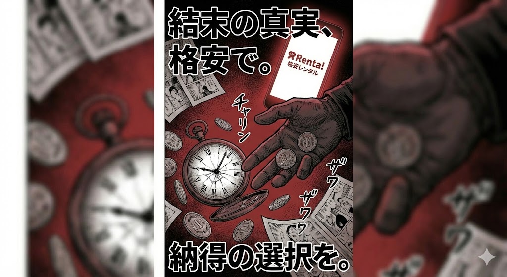 漫画虐殺ハッピーエンドの結末や意味を考察する画像。救いや納得の真相に迫るサスペンス調の画風で、お得なレンタル利用を促すセクションに最適です。