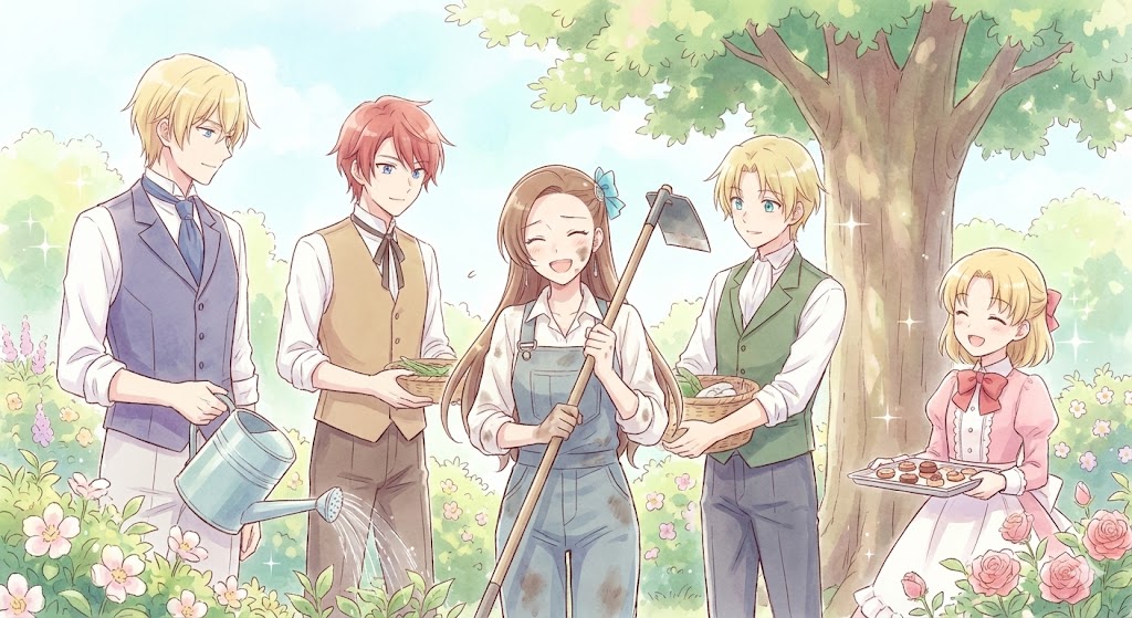 はめふらのカタリナ達が描かれた漫画風イラスト。あらすじやその後、どこで読めるか、最安値情報を紹介するテキスト入りのアイキャッチ画像。