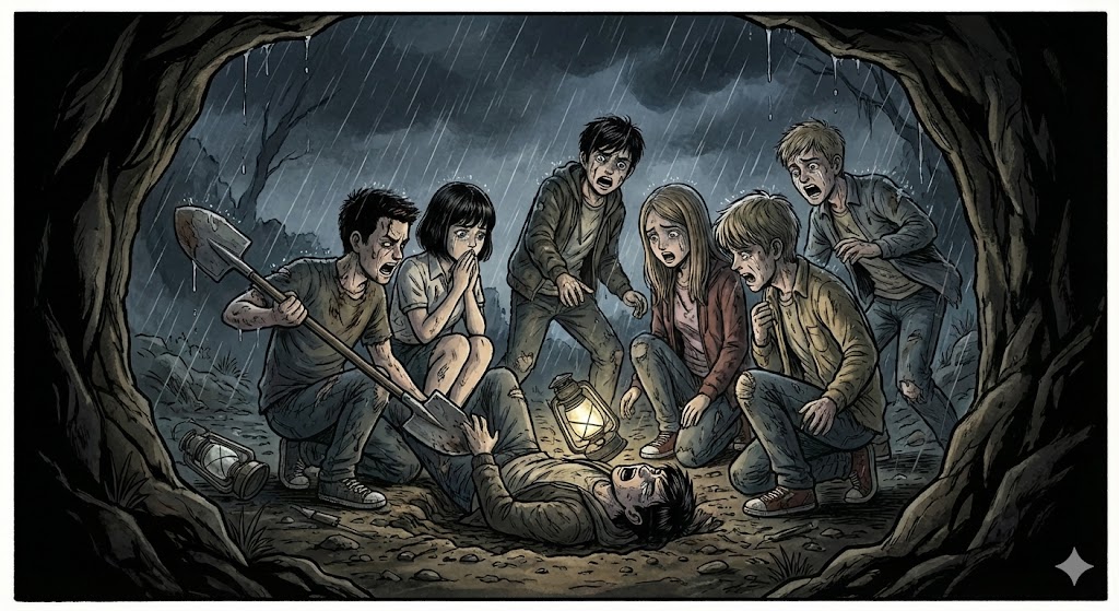 漫画『骨が腐るまで』終盤の核心に迫るシーン。嘘と罪にまみれた絆が崩壊し、自首を決意する主人公たちの苦悩と解放をドラマチックに表現した画像。