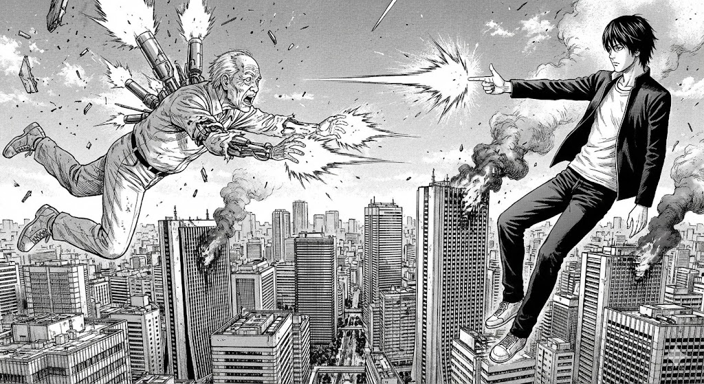 いぬやしきのあらすじ・結末ネタバレ・どこで読めるかを解説する画像。空飛ぶ犬屋敷と獅子神、背景に隕石が描かれた劇画風のモノクロイラスト。