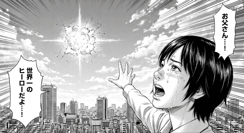 漫画「いぬやしき」のあらすじ・結末ネタバレ・どこで読めるかを解説。空飛ぶ犬屋敷と獅子神、背景に巨大隕石が描かれた劇画風の白黒画像。