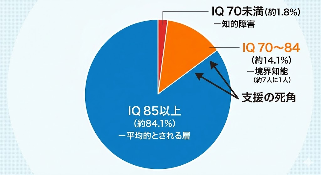 IQ分布図。約14.1％、7人に1人が該当する境界知能の割合を、平均的な層や知的障害との比較で視覚化した円グラフのイメージ画像。