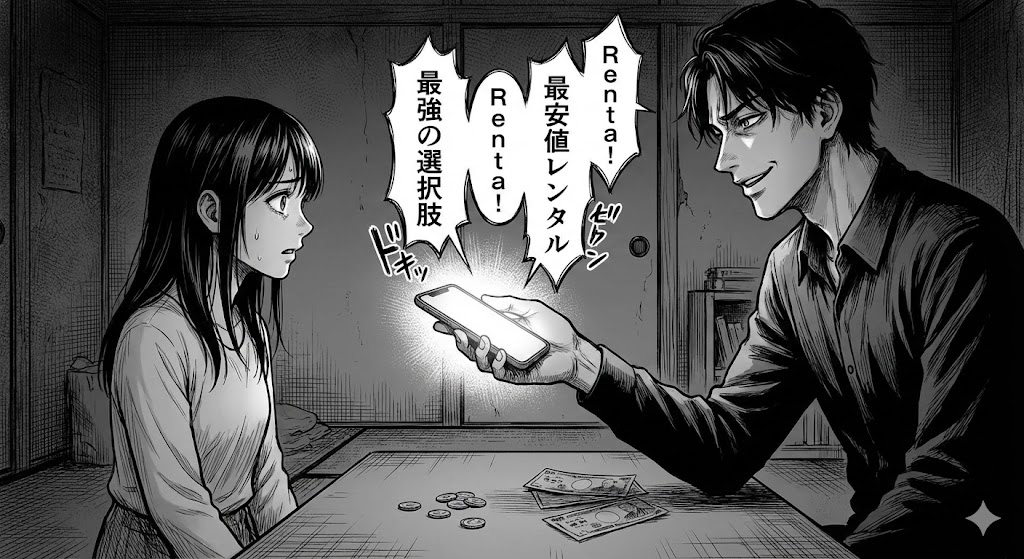 『純愛×洗脳』を最安値で読む方法を提案する画像。電子書籍サイトRenta!のレンタル機能の魅力と、作品の不穏な世界観を表現したビジュアル。