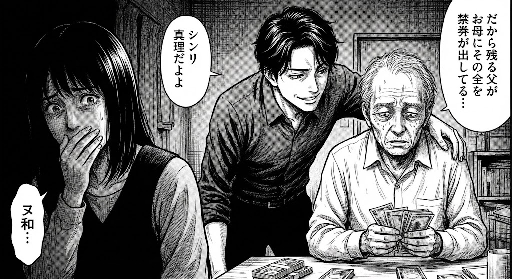 『純愛×洗脳』の代表的シーン。追い詰められた主人公ゆわと、彼女を背後から支配するように見つめる洗脳者シンリを描いた緊迫のイラスト。