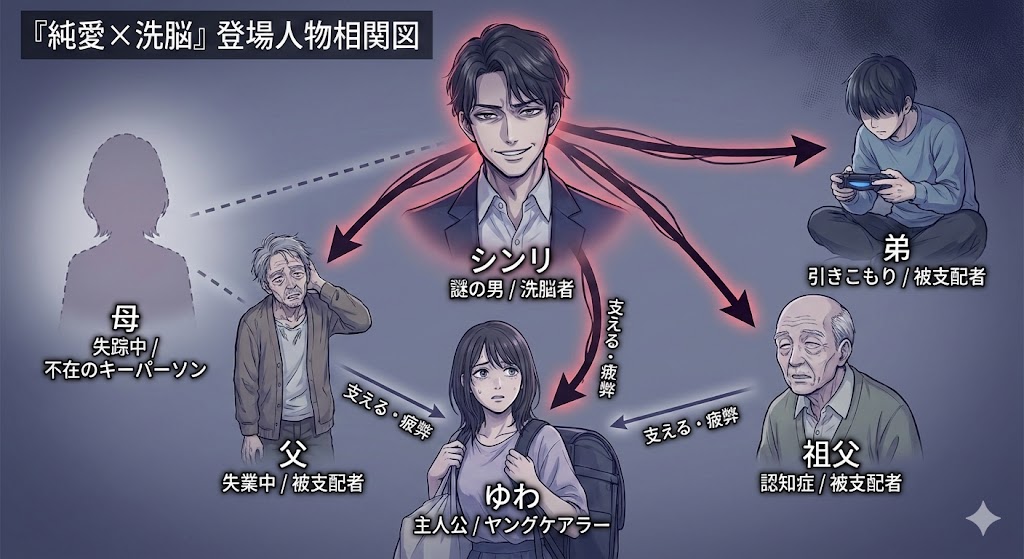 漫画『純愛×洗脳』の登場人物相関図。主人公ゆわと洗脳者シンリ、そして支配されていく家族の複雑な人間関係を整理した図解イラスト。