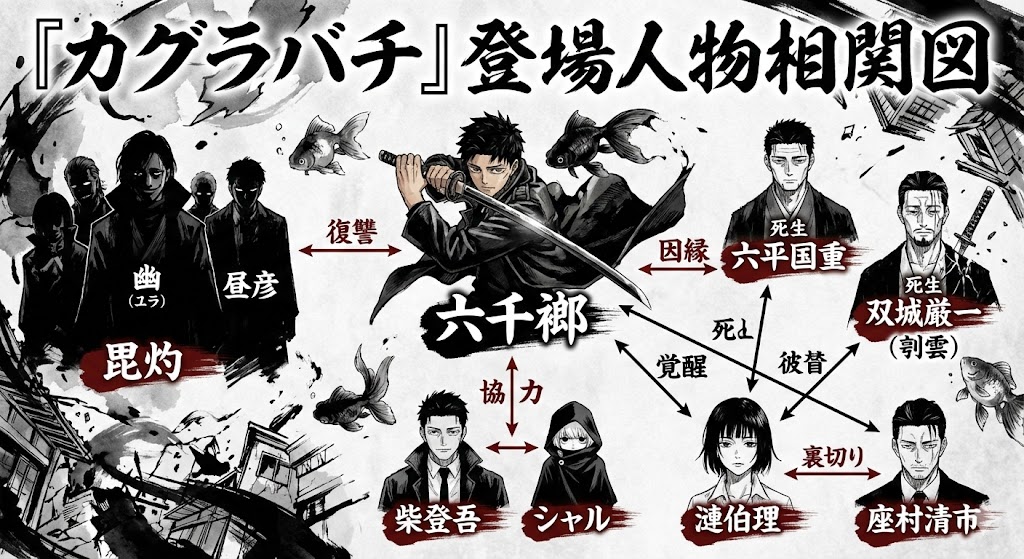 『カグラバチ』の登場人物相関図。チヒロを中心に、毘灼や柴、シャル、伯理、双城などの因縁や協力関係を漫画風のタッチで表現したイラスト。