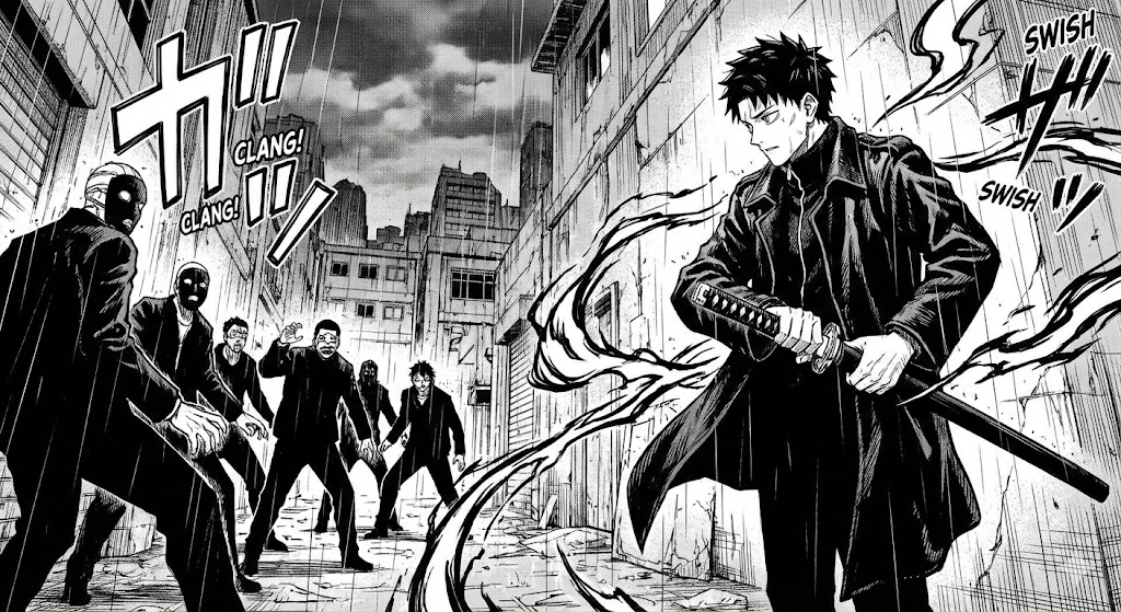 雨が降る路地裏で主人公チヒロが敵を前に妖刀を抜く、『カグラバチ』の画風を忠実に再現した緊迫感あふれるモノクロの漫画イラスト。