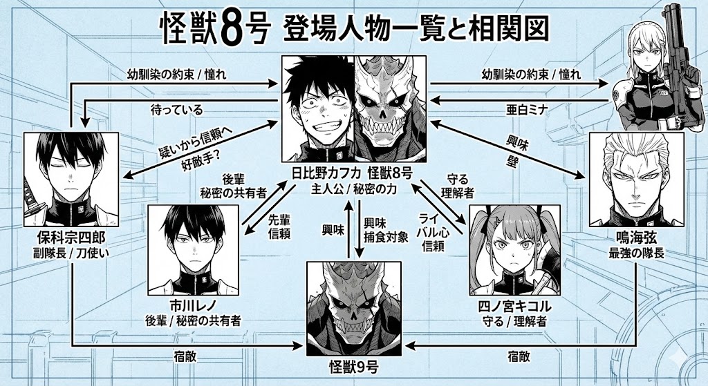 『怪獣8号』主要キャラの相関図。日比野カフカや亜白ミナら防衛隊員と怪獣9号の複雑な関係を原作風に図解。登場人物の魅力を一目で理解できる案内板です。