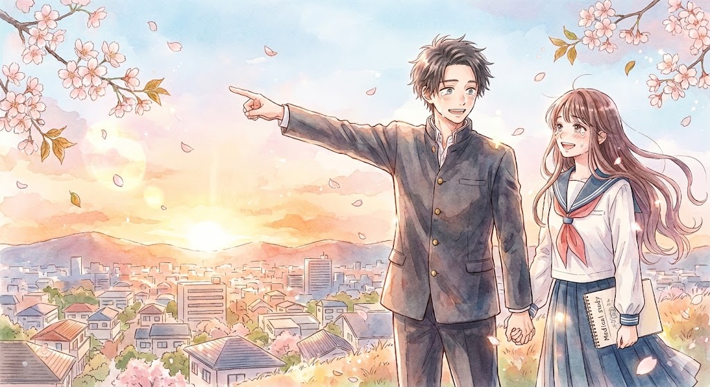 『薫る花は凛と咲く』終盤のシーン。夕日の中で手を繋ぐ凛太郎と薫子。医学部を目指す薫子と寄り添い、二人の明るい未来を象徴する感動のイラスト。