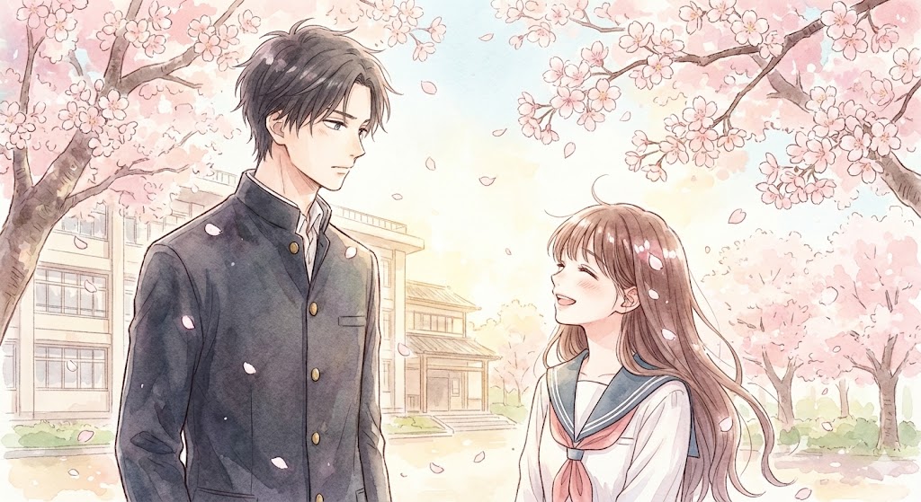 桜舞う校舎前で見つめ合う紬凛太郎と和栗薫子。『薫る花は凛と咲く』の繊細な画風で描かれた、作品を象徴する美しいワンシーンのイラスト。