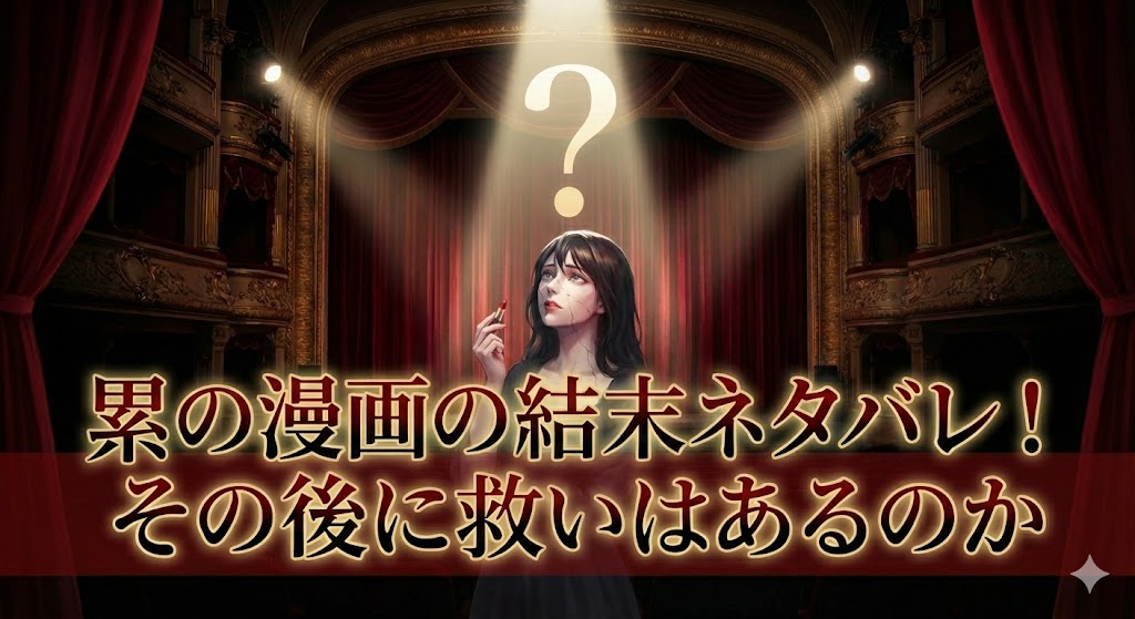 漫画「累 -かさね-」の結末ネタバレと救いを象徴する画像。口紅を持つ累と舞台の光。物語の結末とその後の救いについて深掘りする章の挿絵。