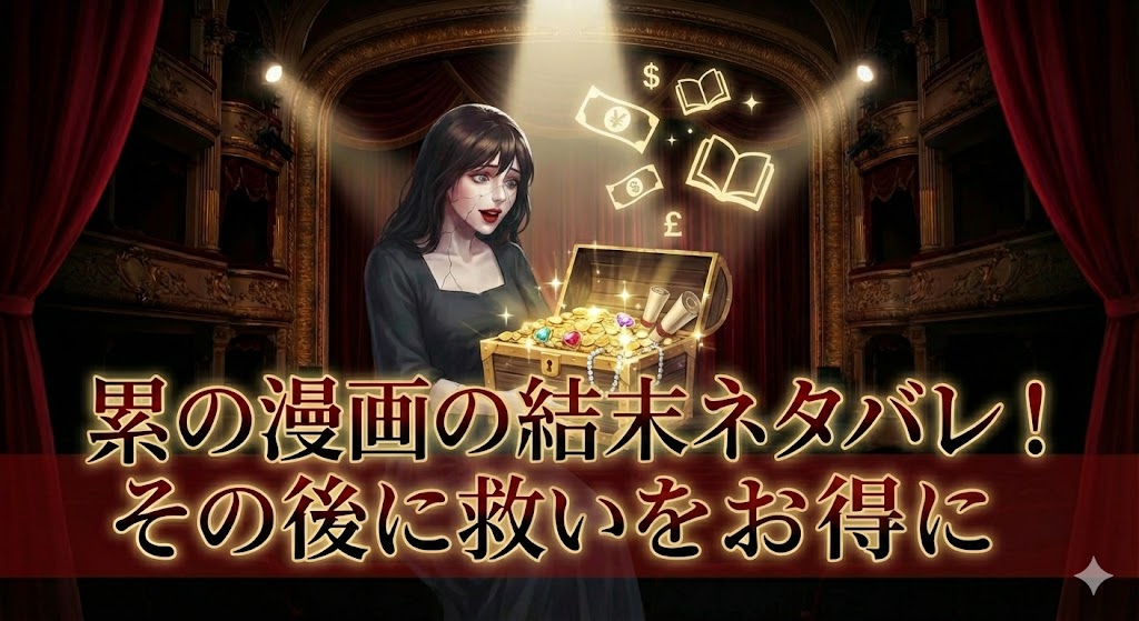 漫画「累 -かさね-」をお得に読む方法を解説するセクション画像。赤い口紅と舞台が象徴的な、結末や救いを安くレンタルで楽しむための挿絵。