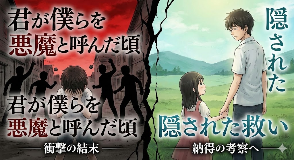 漫画『君が僕らを悪魔と呼んだ頃』の結末・救い・納得の考察用画像。凄惨な過去の迫害と、最終巻の穏やかな未来を対比し、物語の核心を視覚化。