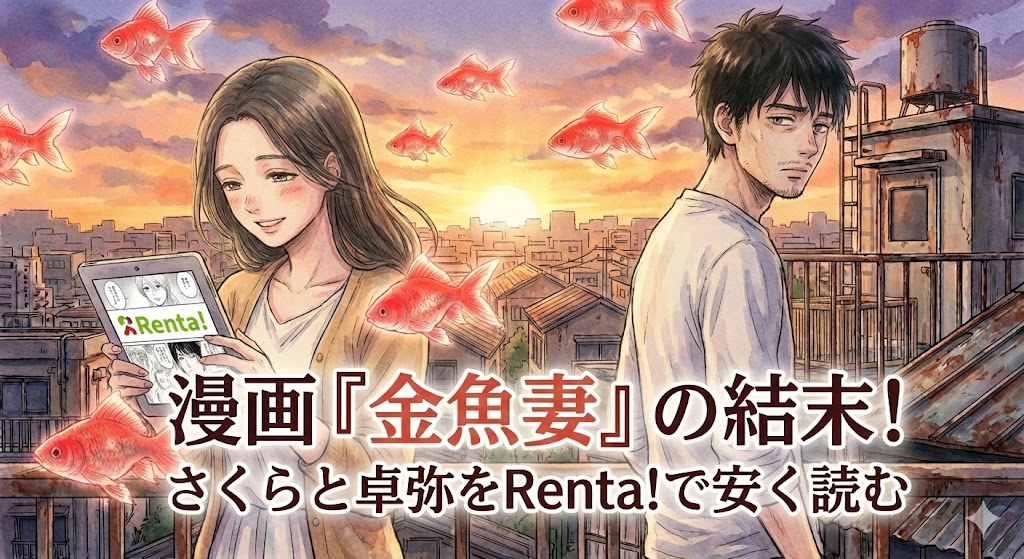 漫画『金魚妻』の結末を象徴する、幸せを掴んださくらと絶望する夫・卓弥の対比。Renta!でお得に読む方法を解説する記事のアイキャッチ画像。
