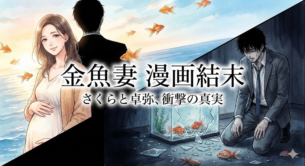 漫画『金魚妻』の結末を象徴する、幸せに微笑むさくらと絶望に打ちひしがれる卓弥の対照的な姿を描いたアイキャッチ画像。
