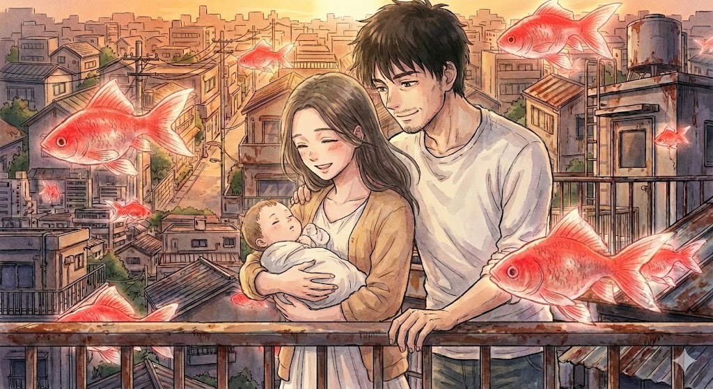 漫画『金魚妻』の結末を象徴する、救いを得た笑顔のさくらと、全てを失い絶望する夫・卓弥の姿をドラマチックに描いたアイキャッチ画像。