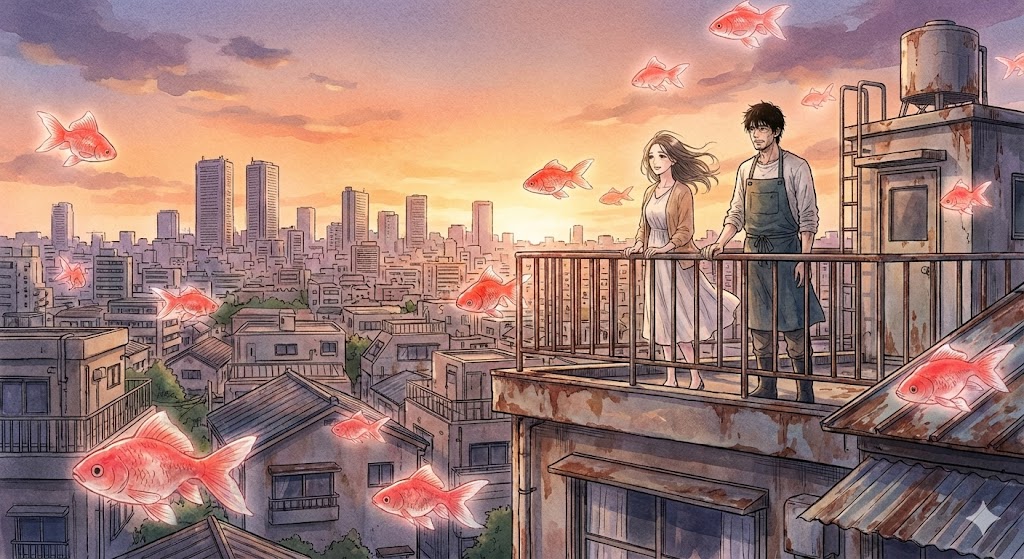 漫画『金魚妻』の名シーン、さくらと圭一が夕暮れの屋上で金魚が泳ぐ空を見上げる様子を描いた美しいイラスト。