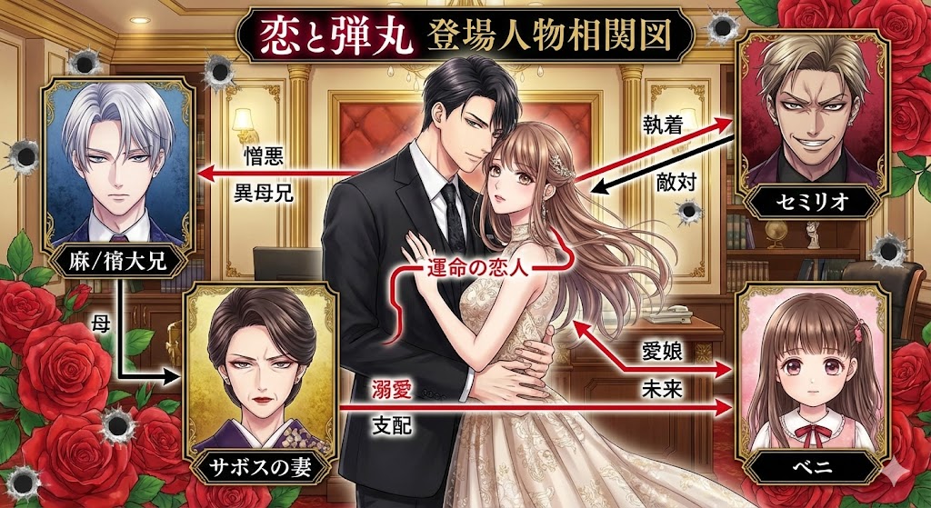 『恋と弾丸』登場人物相関図。桜夜才臣とユリを中心に、異母兄マオ、宿敵セミリオ、愛娘の紅など、愛憎入り混じる主要キャラの最新関係図。