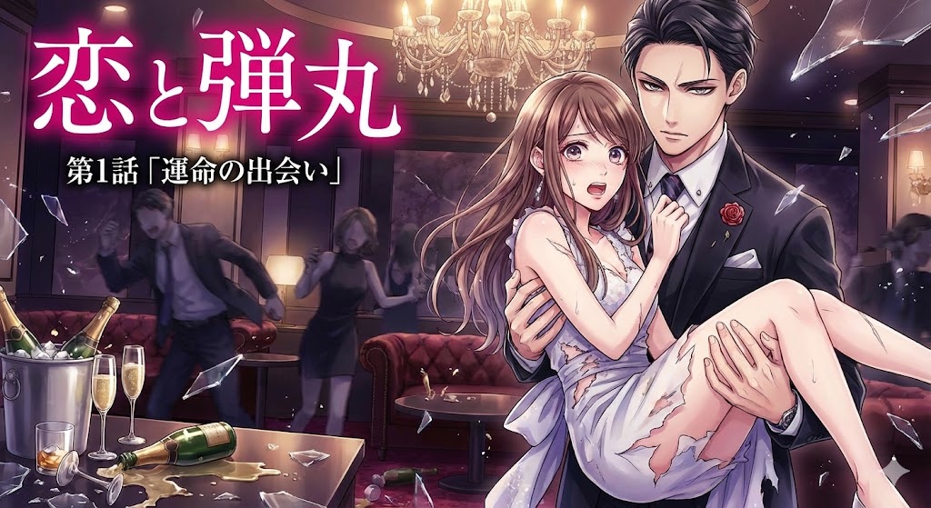 『恋と弾丸』第1話、桜夜才臣がユリを抱きかかえる運命の出会い。緊迫したパーティー会場で、美しくも危険な物語の幕開けを描くイラスト。