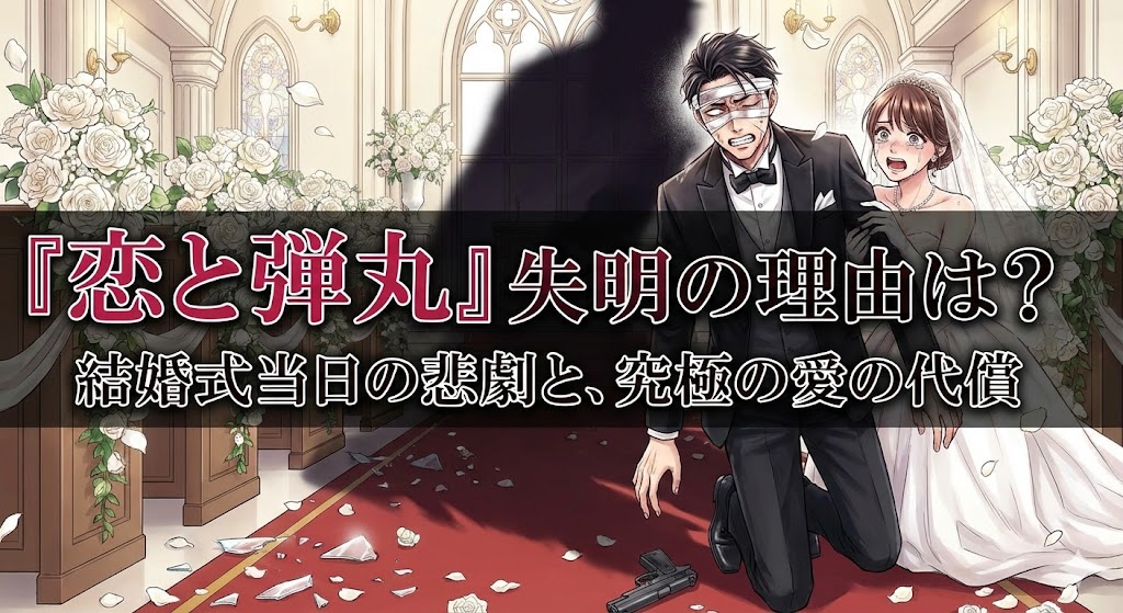 『恋と弾丸』結婚式当日に才臣が失明する衝撃シーン。包帯を巻いた才臣と涙するユリの姿。「失明の理由は?」という問いに答える記事用画像。