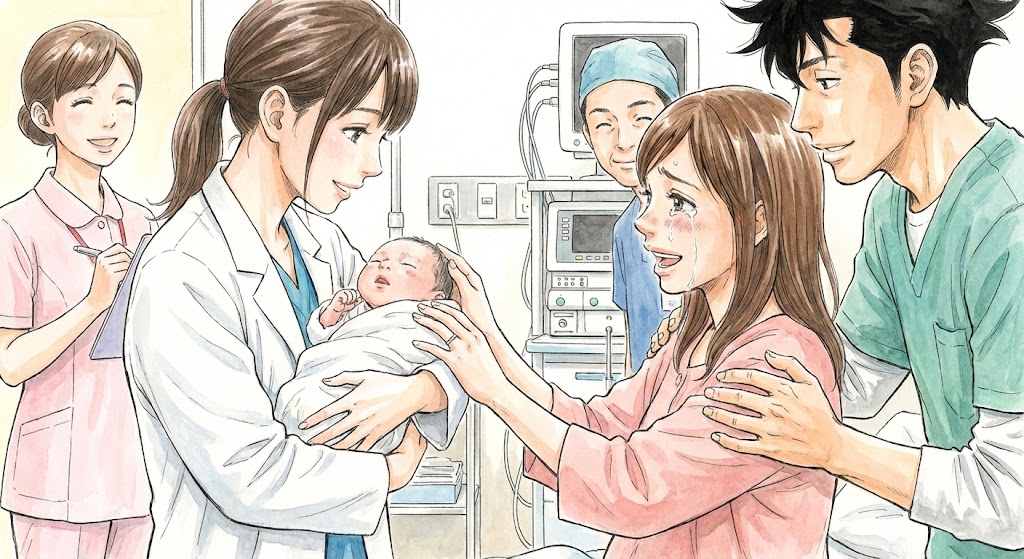 『コウノドリ』風の繊細なタッチで描かれた、産婦人科医が赤ちゃんを抱き母親と喜びを分かち合う感動の出産シーン。命の奇跡を感じさせるイラスト。