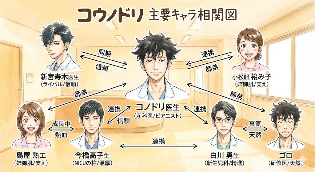 『コウノドリ』の主要キャラを網羅した相関図。鴻鳥サクラを中心に、四宮や小松など医師・助産師たちの複雑な信頼関係を漫画風のタッチで表現した図解。