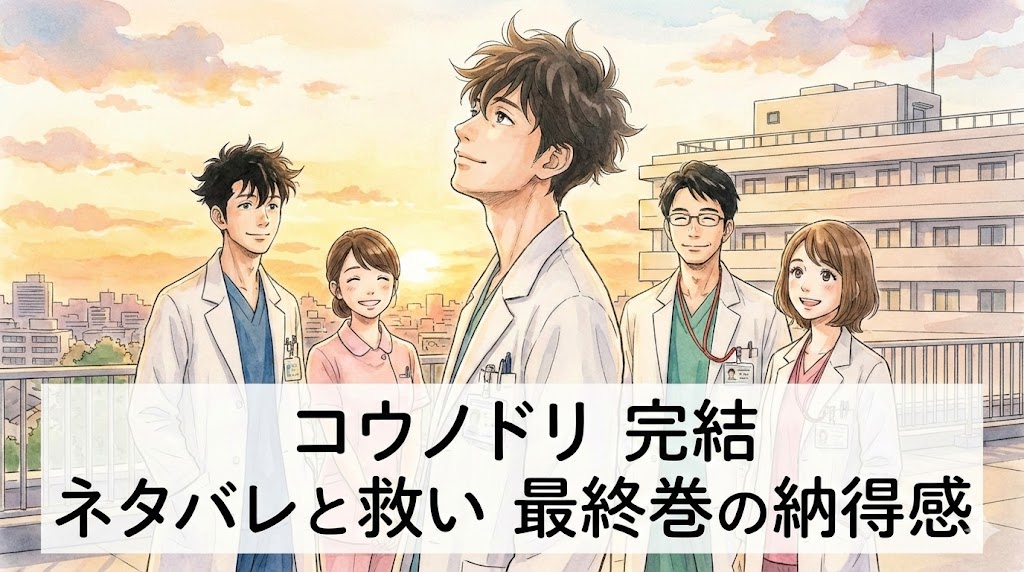 漫画『コウノドリ』完結！サクラら主要メンバーの集合イラストに「ネタバレと救い 最終巻の納得感」の文字が入ったブログ記事用アイキャッチ画像。