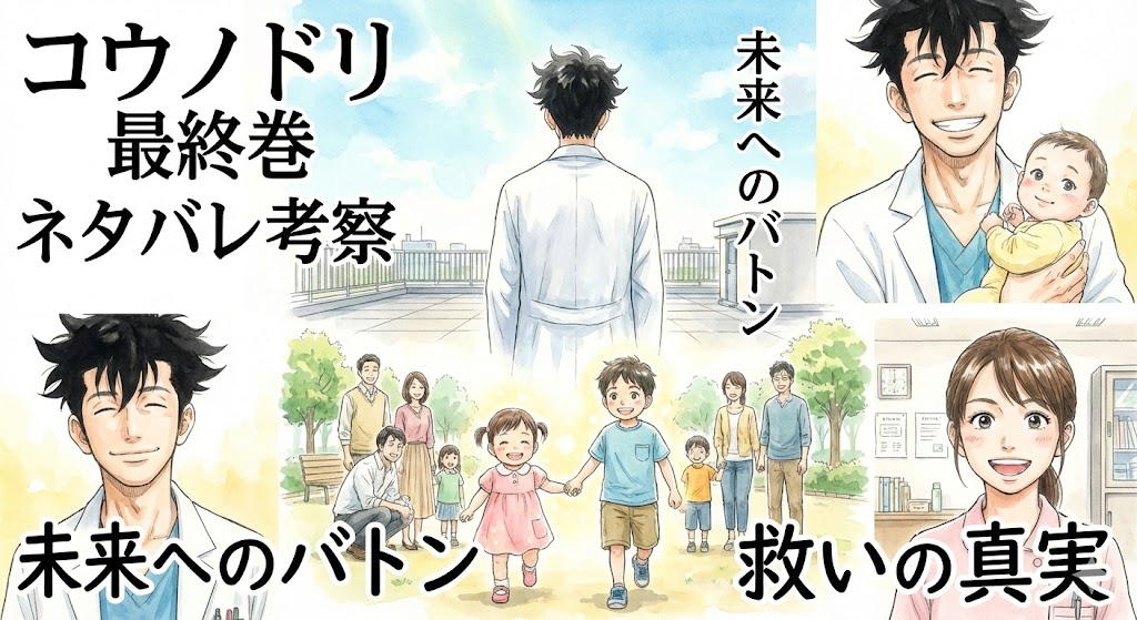 『コウノドリ』最終巻のネタバレ考察。サクラ先生と子供たちの姿に「未来へのバトン」「救いの真実」の文字が入った、物語の結末を象徴する画像。
