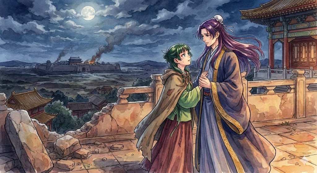 『薬屋のひとりごと』の終盤、砦での決戦を彷彿とさせる猫猫と壬氏の緊迫したシーン。最新刊のネタバレ考察やあらすじ解説に最適なアイキャッチ画像。